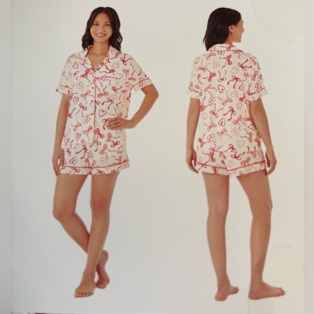 💝MEMBERSMARK Women’s Knit Short Sleeve Top & Shorts Hearts & Bows Valentine